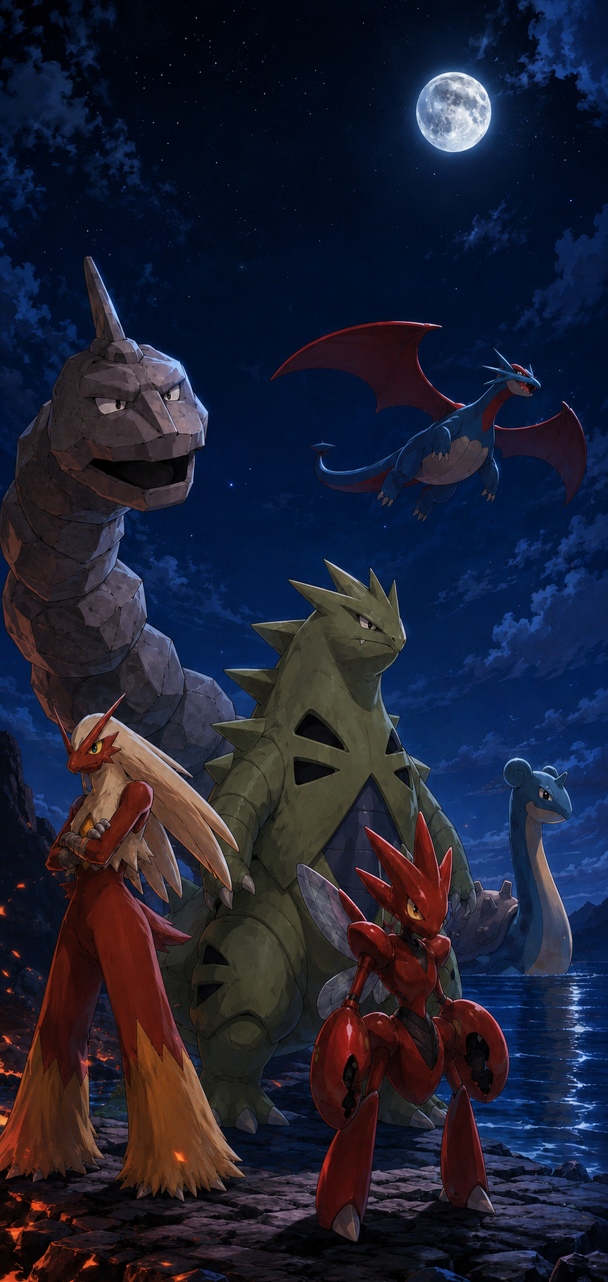 Onix, Salamence, Tyranitar, Blaziken, Scizor, and Lapras beneath a moonlit sky